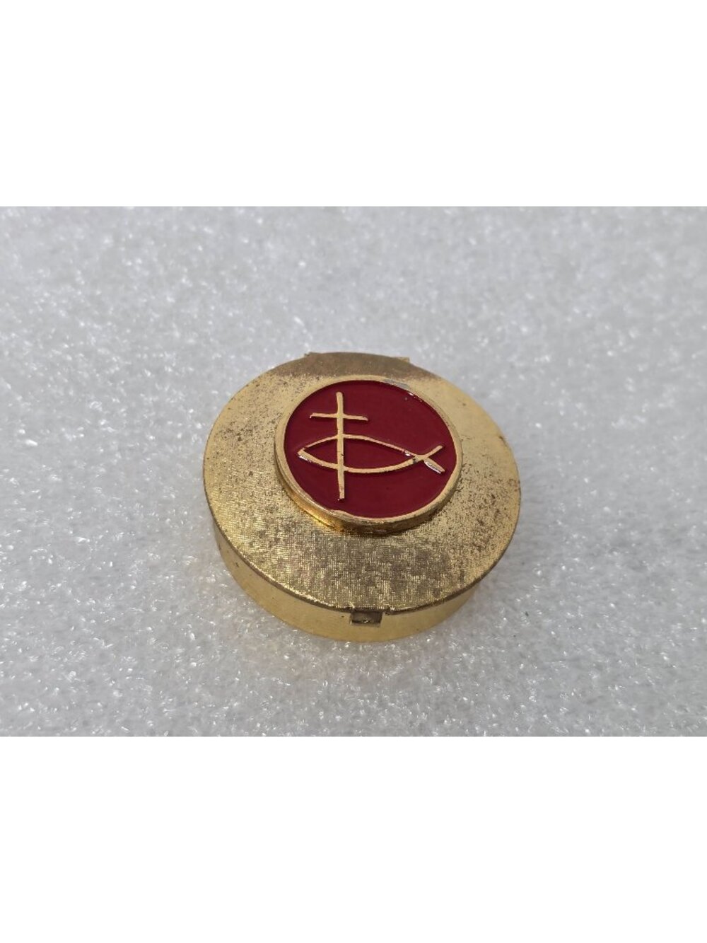 Vintage Gold Tone Catholic Communion Pyx Red Enamel Ichthys Fish Cross Host Box